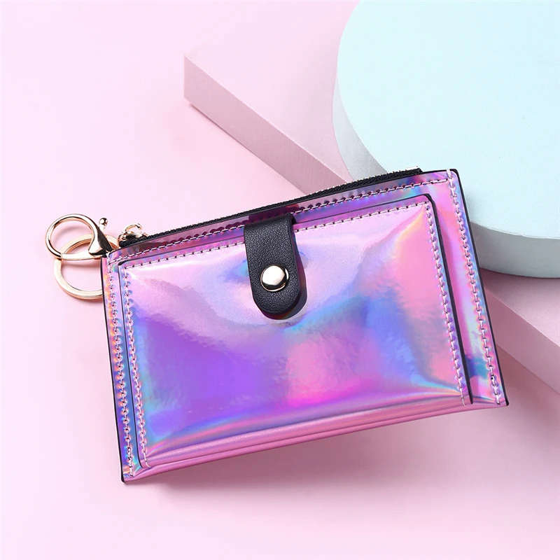 Новый женский короткий кошелек из лазерной искусственной кожи с застежкой-молнией, двойной держатель для кредитных карт, женский маленький кошелек для монет, зажим для сумки для денег