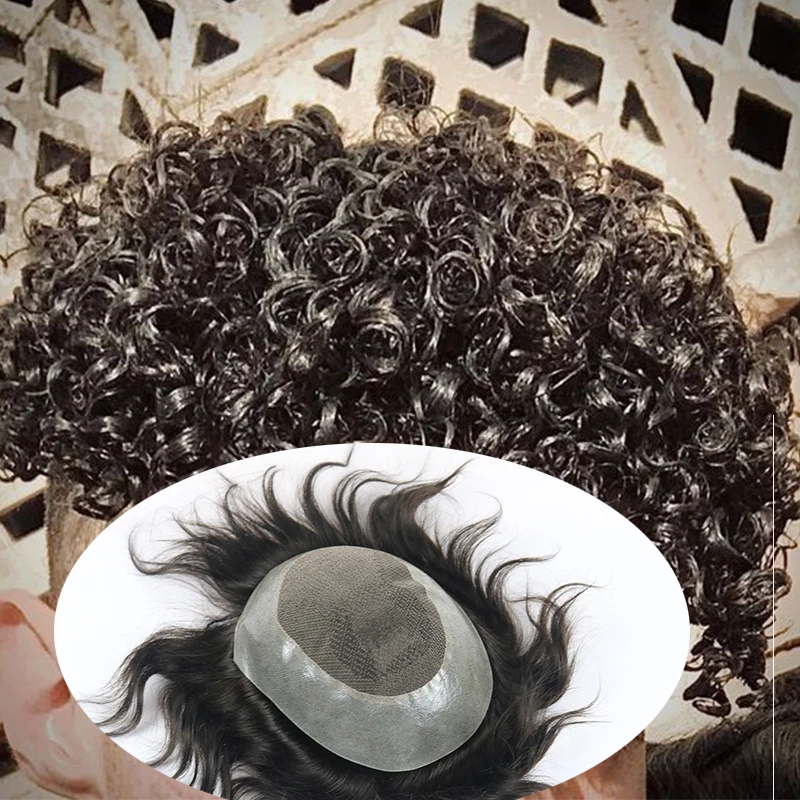 

Natural Hairline Men's Human Hair Curly Toupee 10mm Durable System Lace Base PU Around Capillary Prosthesis Natural Hairline