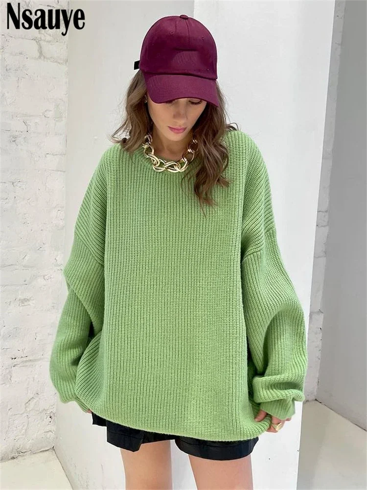 Nsauye Pullover Knitted Women Long Sleeve Solid Green Autumn Fashion Sweater Loose Jumpers Casual Winter Sweater Oversized 2022