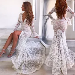 Elegant White Lace Women Mermaid Wedding Dress Sexy Deep V See Through Party Dress Fashion Flare Long Sleeves Vestidos De Novia