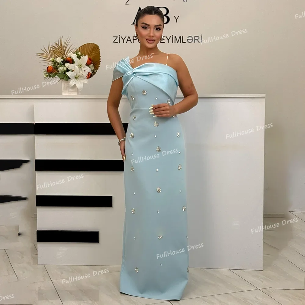 맞춤 제작 화려한 민소매 섹시한 시스 비즈 크리스탈 사우디 아라비아 가운 플로어 길이 백리스 플리츠 브라이덜 프롬 드레스