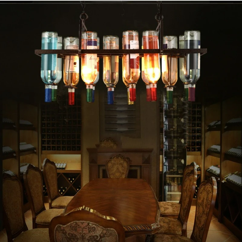 Retro Industrial Rust Metal Colored Wine Bottle Glass Chandelier  for Cafe Bedroom Kitchen American Style Decor Lighting