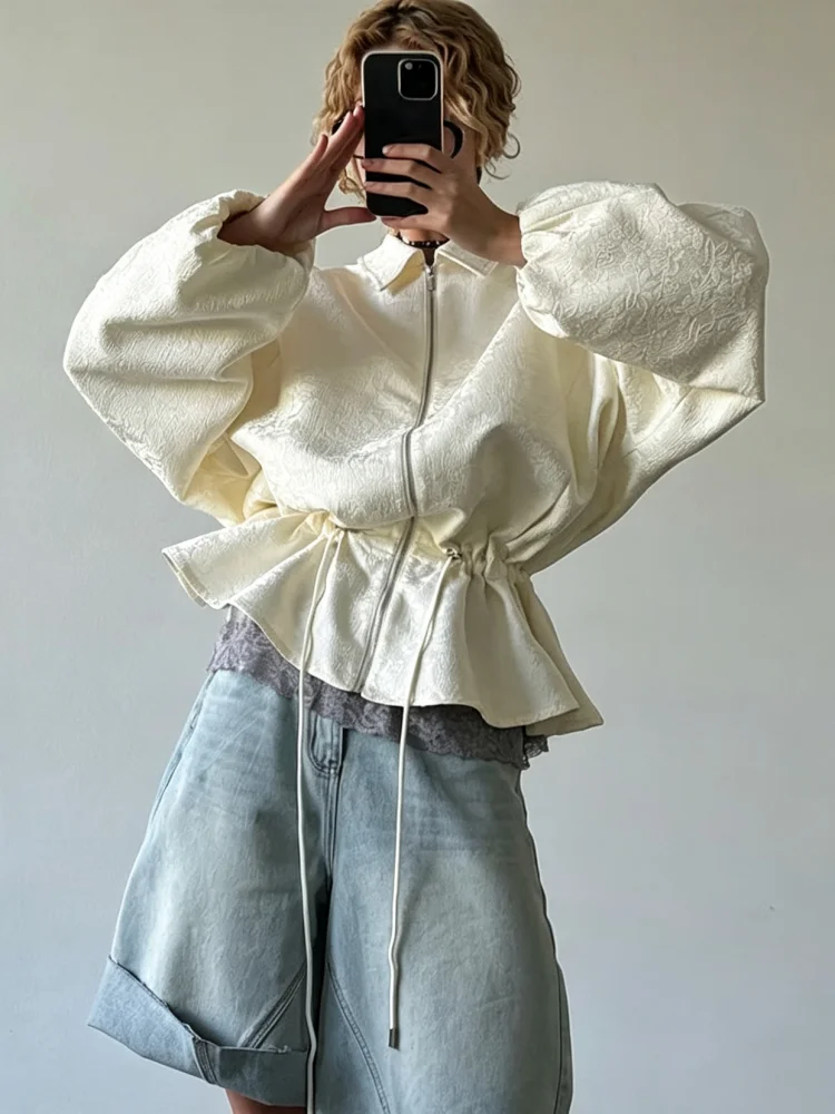 2026 New Textured Ruffles Hem Loose Women Jacket Elegant Lantern Sleeve Drawstring Waist Jacket Fall Casual Women Outerwear