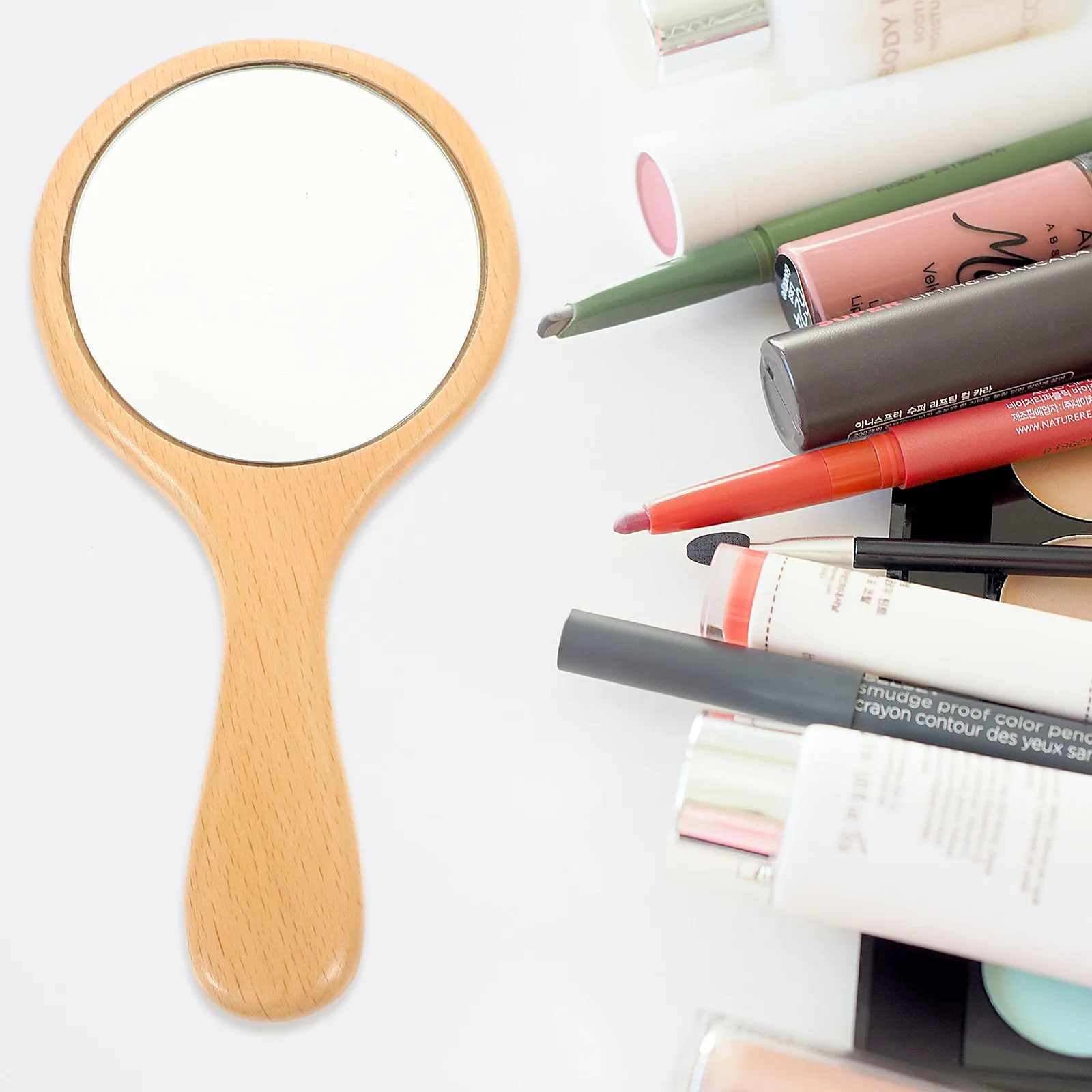 

Handheld Mirror Wooden Handle Portable Travel Makeup Mirrors Decorative Cosmetics Long Use Comfortable Practical Gift Women