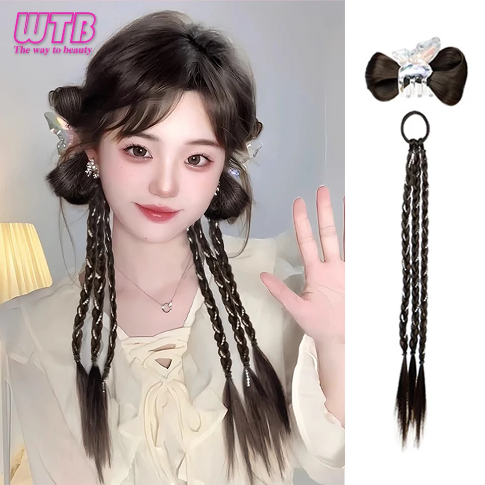 WTB Synthetic Wig Bow Grab Clip Chignon Wig Female Boxing Braid Twist Styling Long Hair Natural Wig