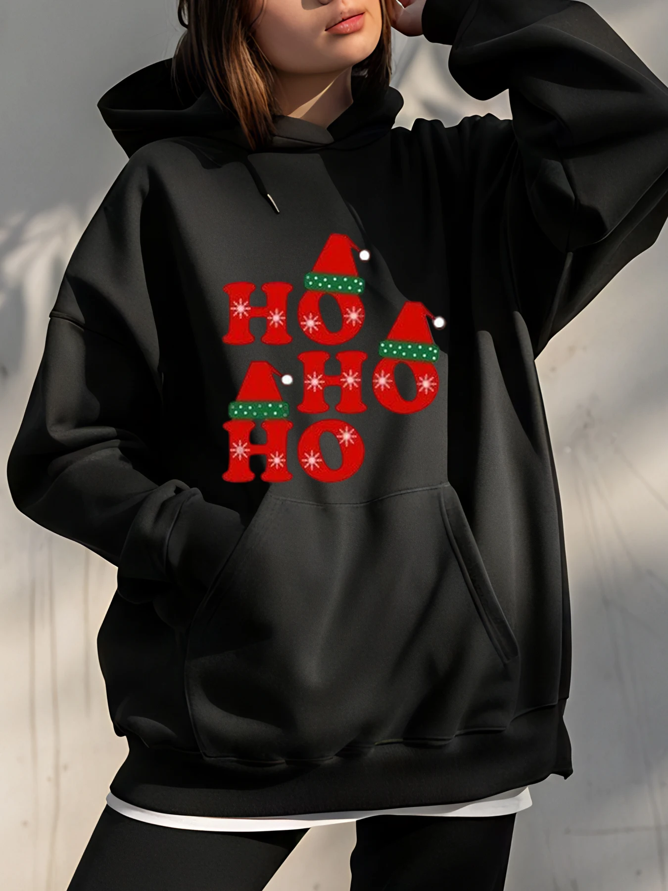 크리스마스 호 호 호 프린트 후드티와 산타 모자 디테일 여성 캐주얼웨어 홀리데이 의상