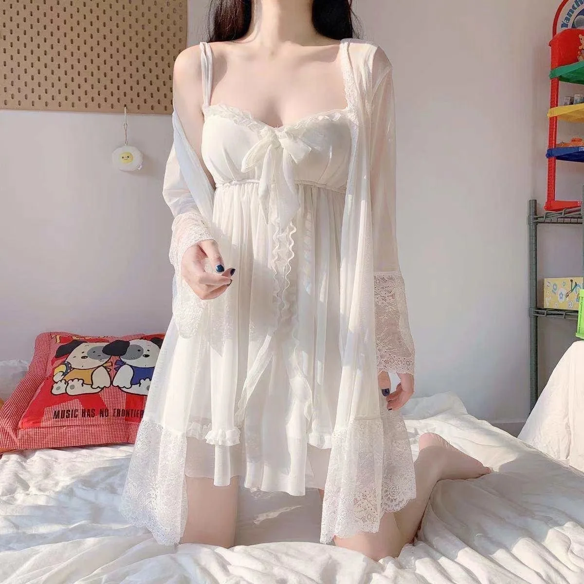 High Quality Hot Elegant Sweet Simple Solid White Women Robe Gown Sets Chic Lace Bow Mesh Sleepwear Breathable Slim Nightdress