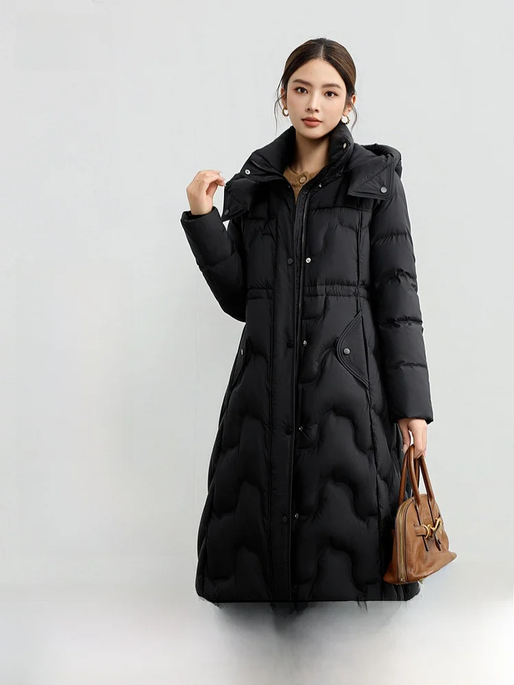 

Snow Flying 2026 Summer New Women's Long down Jacket Drawstring Waist Umbrella Shape Fashion Simple Elegance Hooded