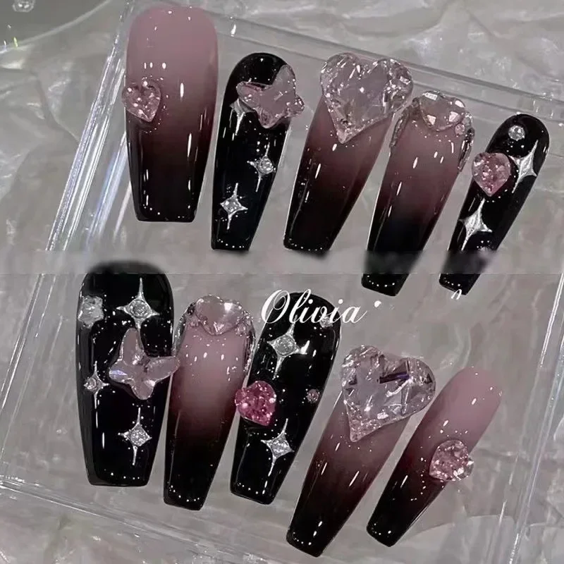 10pcs handmade dark sweet y2k fake nails with glue pink star press on nails long shiny hot girl designs false nails with tools