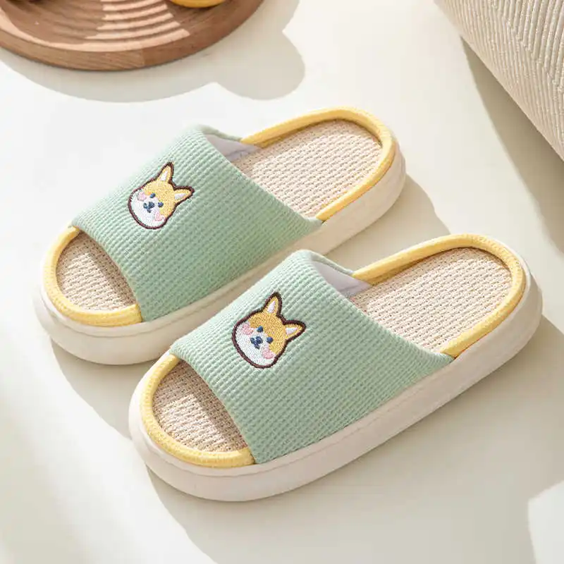 

Cute iba Inu Linen Slippers Women's Spring Indoor Home Four Seasons Absorbent No Smell Foot Couples Slippers Men Home Use S...
