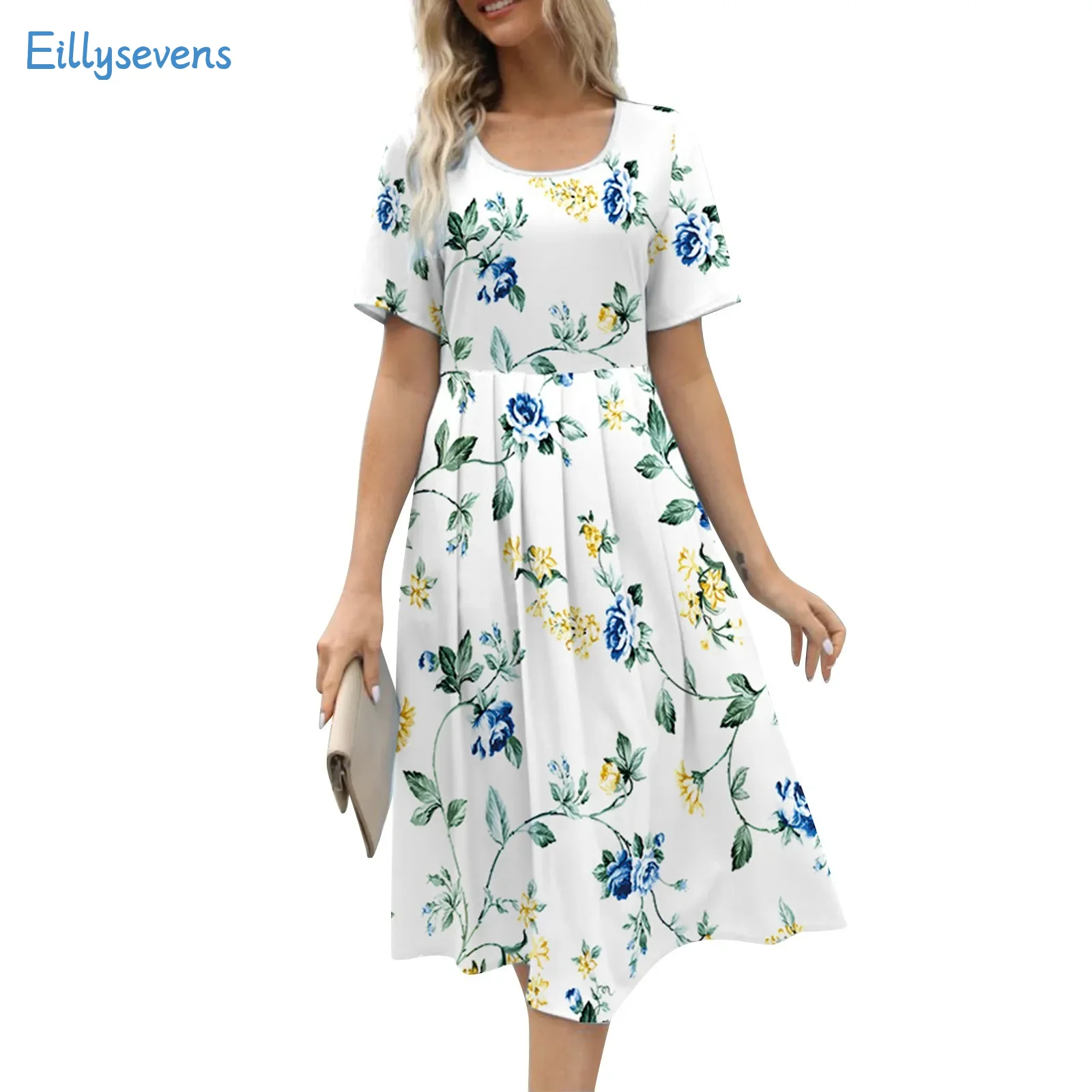 

Women Summer New Dresses Elegant Fashion Flower Printed Round Neck Short Sleeve Dress With Pockets Daily Regular All-Match Dress