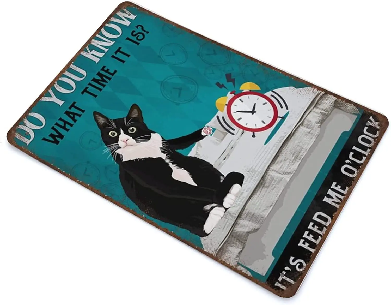 Vintage Thick Metal Tin Sign-It's Feed Me O'clock Sign, Funny Tuxedo Cat Poster,Home Decor Wall Art，Funny Signs for