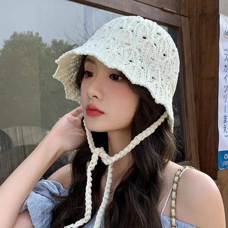 Knitted Bucket Hats For Women&Men Hollow Breathable Fishermen Hat Ladies Knit Skullies Caps Outdoor Beach Sunscreen Cap Gorros