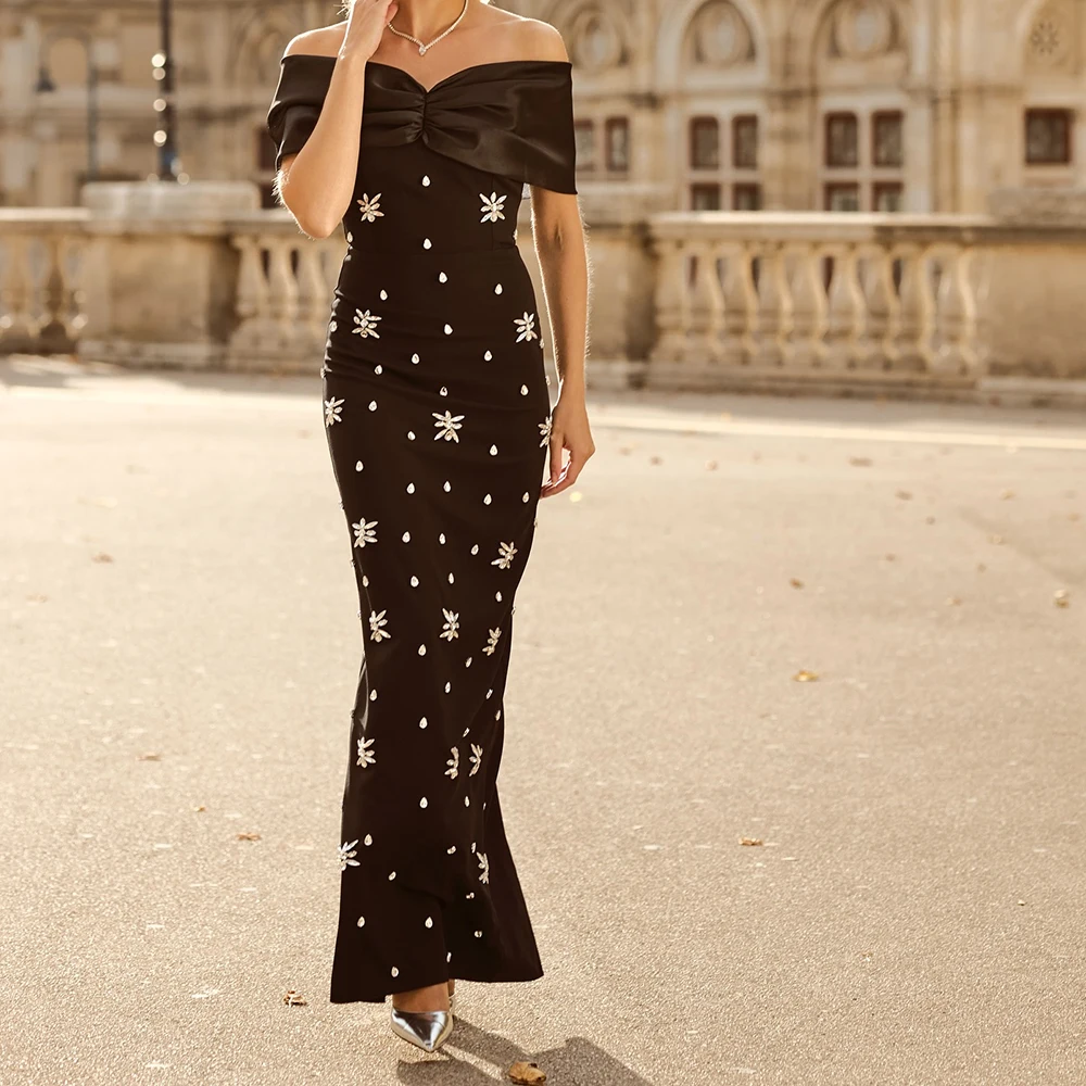 

Customized A-line Evening Dresses Ankle-length Off The Shoulder Sleeveless Prom Gown Simple Fashion Crystal Exquisite Party Gown