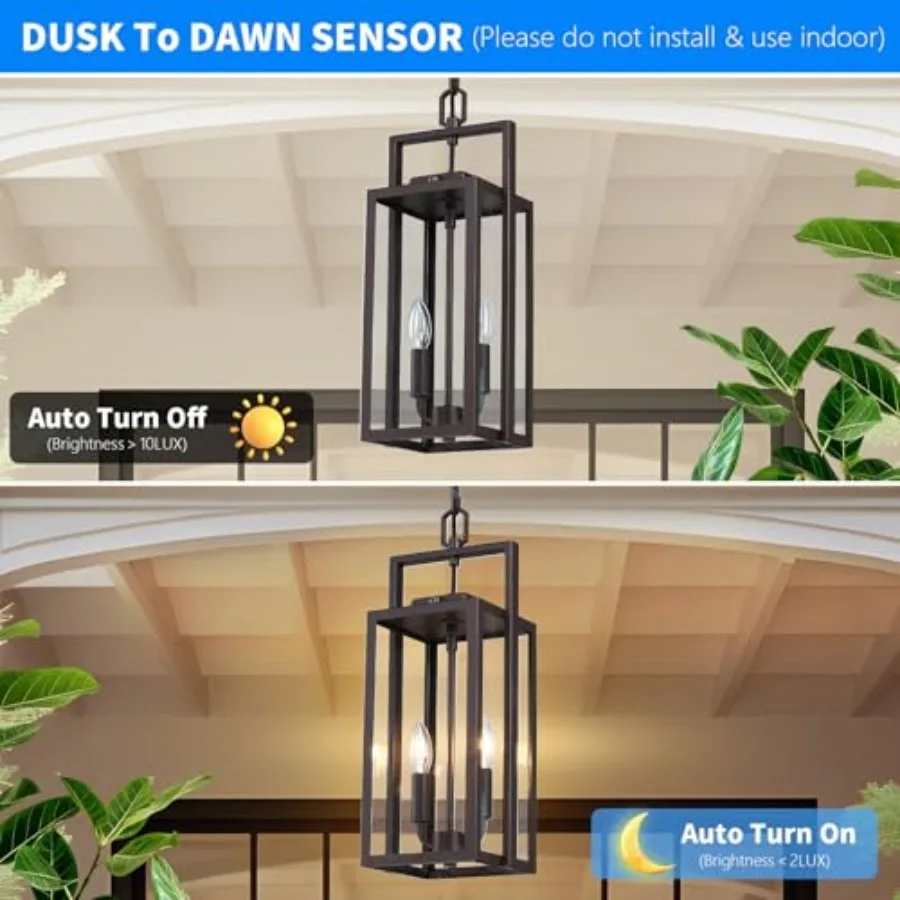 17.8'' Large Dusk to Dawn Outdoor Pendant Light 2-Light, Modern Metal Outside Chandelier Exterior Hanging Fixture Ceiling Mount