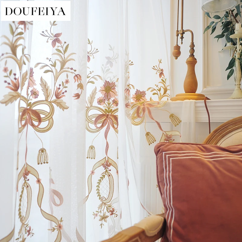 Custom Size French Luxury Embroidery Semi-transparent and Elegant Curtains for Living Dining Room Bedroom Fashion White Tulle