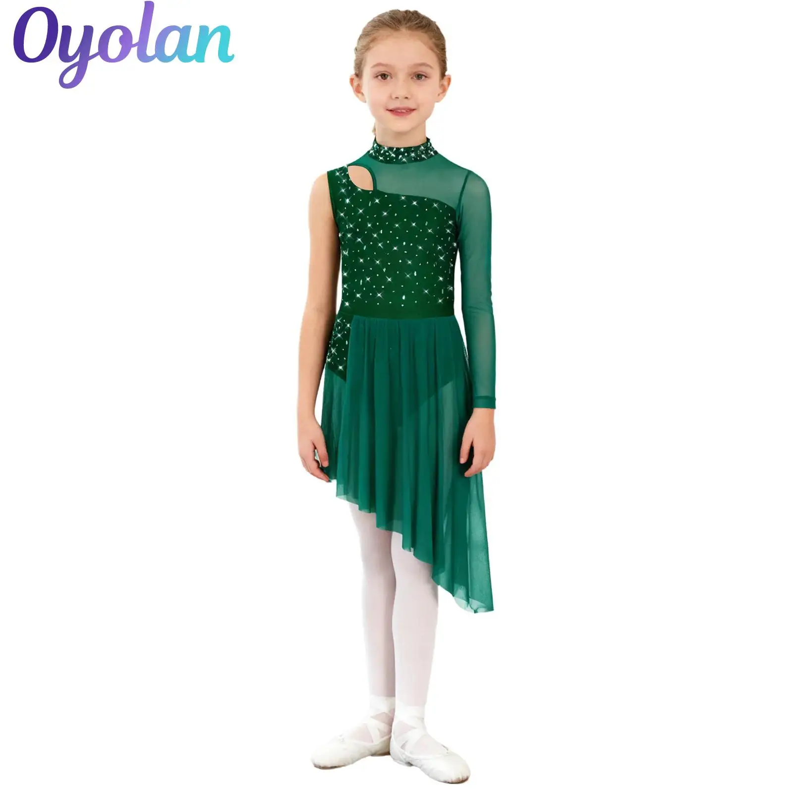 

Детское танцевальное платье с блестящими стразами для девочек, гимнастика, фигурного катания, танцевальное платье с разрезом по бокам, балетные трико, костюм для лирического танца