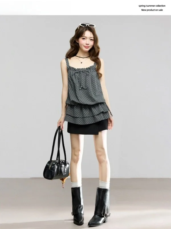

plus Size 300 Pounds Plump MM Plaid Strap Vest Women Summer Casual Belted Slimming Sleeveless Small Top Casual Loose Fit