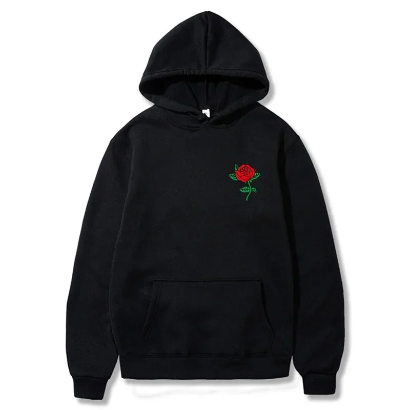 Autumn New Hip Hop Streetwear Fashion Hoody Rose Printed Fleece Pullover Casual Man Women Hoodies Sweatshirts