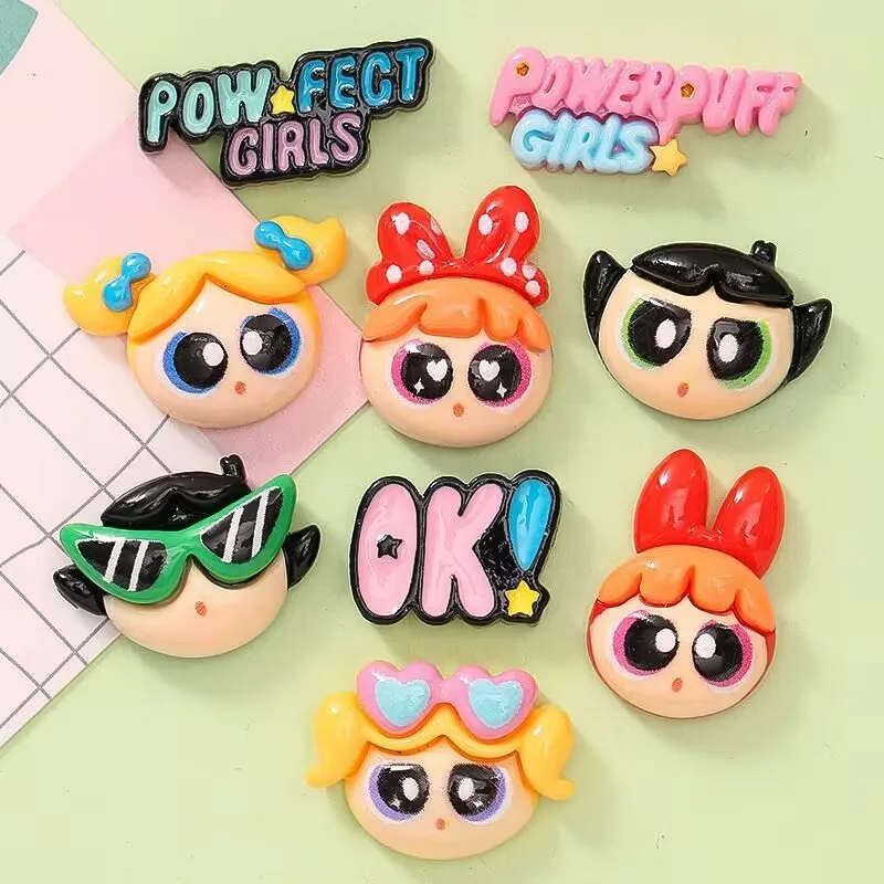 Abalorios de resina de las Powerpuff Girls, con base plana, diseño de Blossom, Bubbles y Buttercup, para manualidades, pegamento en crema, imán para nevera, accesorio para sujetar el pelo.