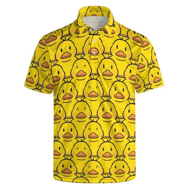 Cute Duck 3D Print Polo Shirts For Men Clothes Harajuku Short Sleeve Funny New Animal Little Yellow Ducks Button Shirt Tops
