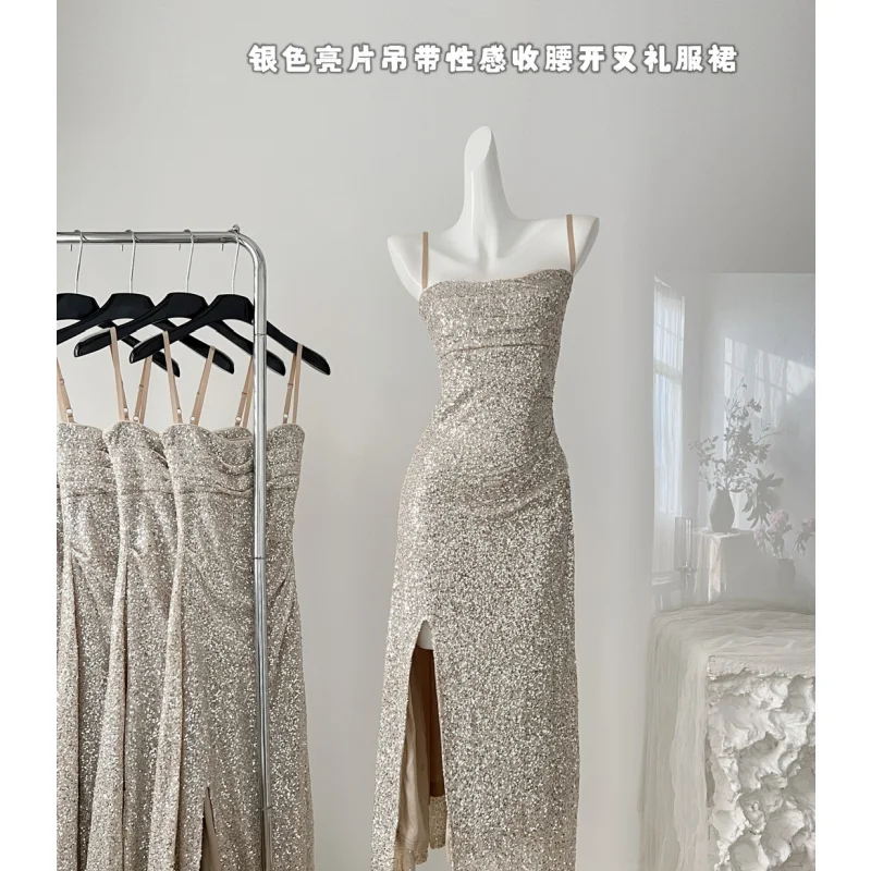 

Silver Sequins Women's Clothing Dress Sweet Romantic Retro Tea Break French Vest Skirt Design Unique Sling Elegant Ball Dress