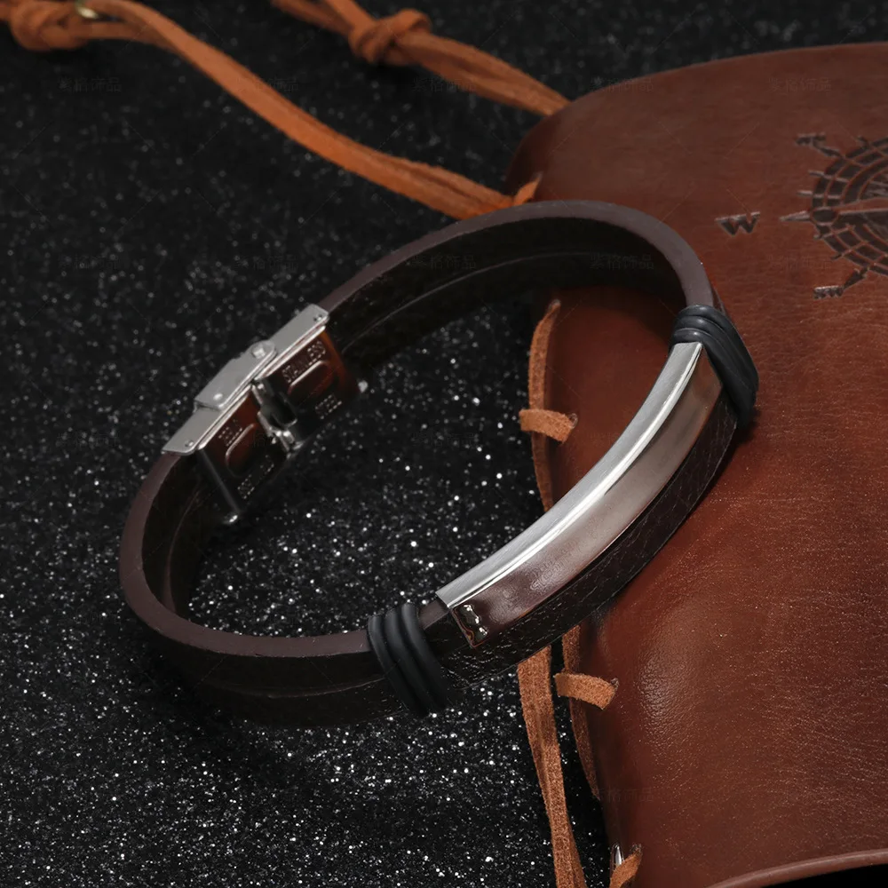 Stainless Steel Charm Genuine Leather Bracelet for Men Hip Hop Leather Wrap Bracelet Man Wristband Hand Jewelry Accessories