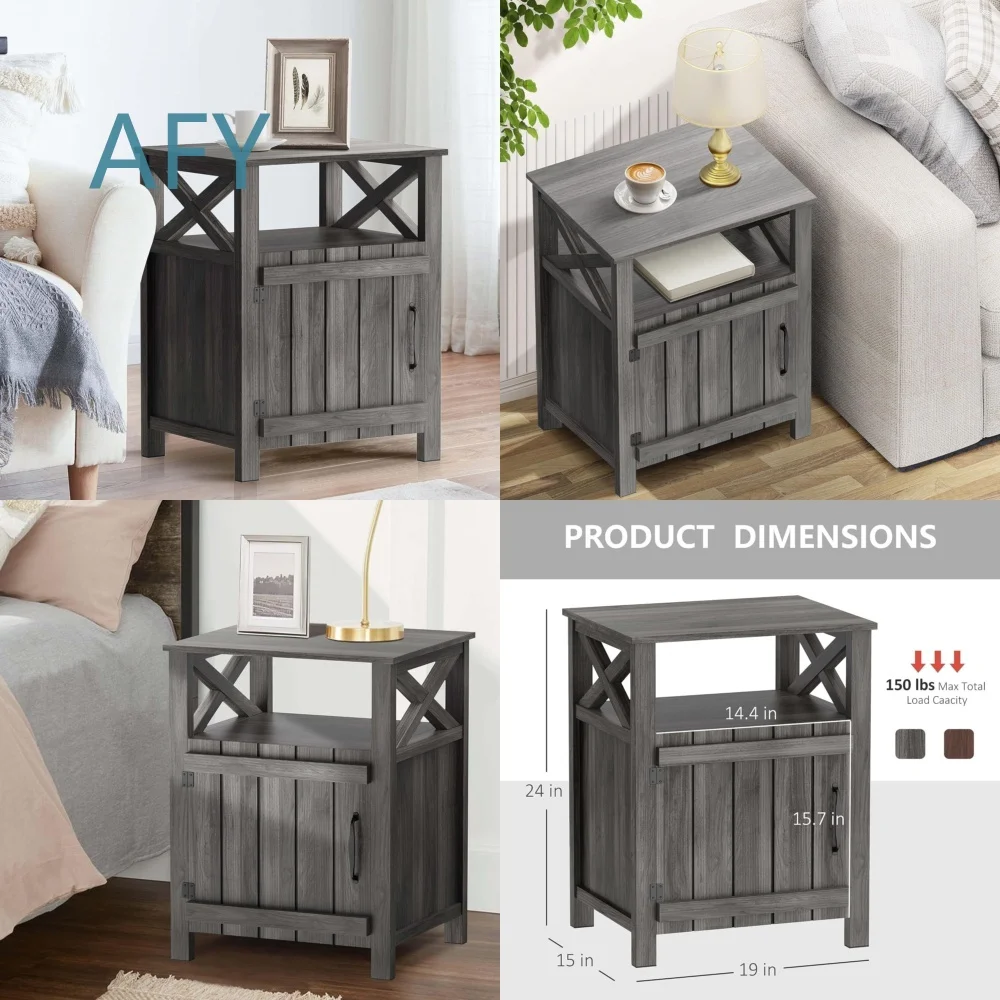 Rustic Farmhouse Barn Door Nightstand with Storage for Bedroom Home Decor Cabinet Furniture for Small Spaces Modern