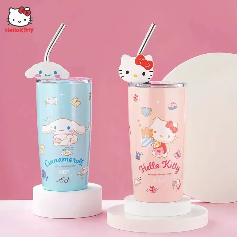 Cangkir air termos Anime Sanrio My Melody Cinnamoroll Kuromi baja tahan karat cangkir minum kartun sedotan dengan tutup hadiah cangkir jus