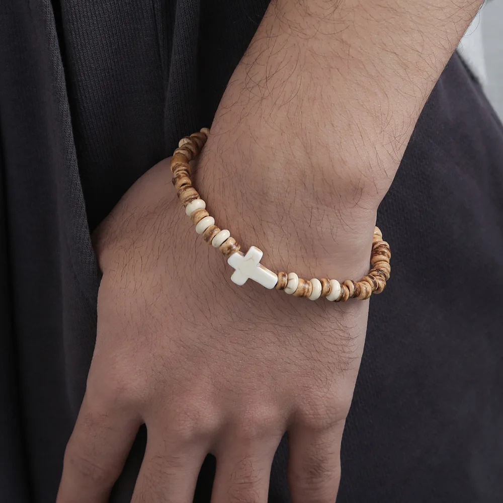 Bohemian Coconut Shell Wood Chips Cross Bracelet For Men Retro Handmade Beaded Jewelry Fashion Accessories Gifts view 5