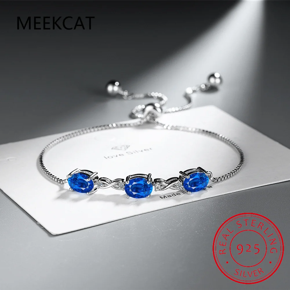 Oval Cut Created Blue Sapphire 925 Sterling Silver Infinity Adjustable Bracelet Woman Luxury Gemstone Jewelry Pulseiras De Prata
