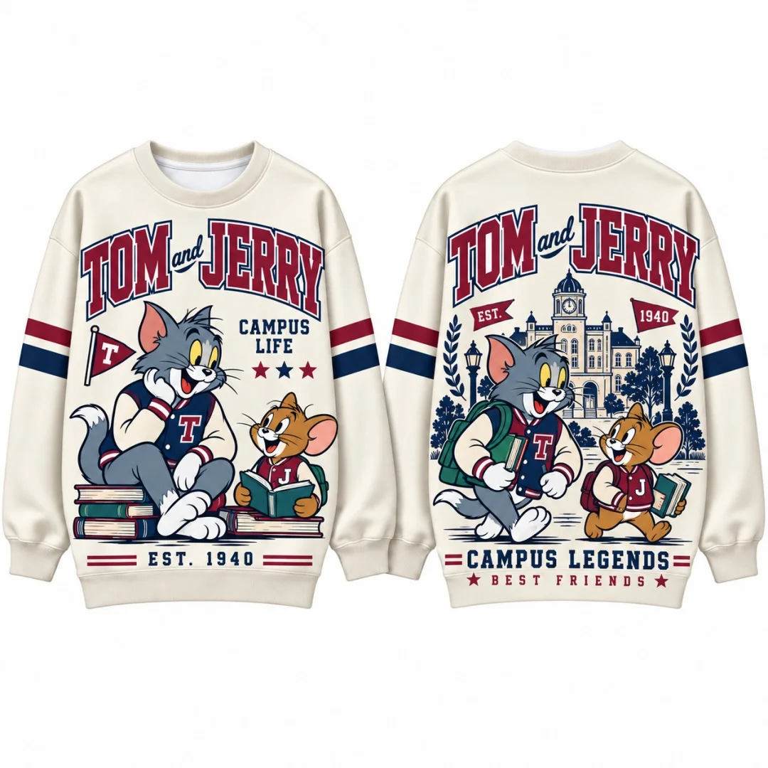 Tom and Jerry Sweatshirt Men Women Vintage Campus Crewneck Pullover Long Sleeve Cartoon Streetwear Tops Kids Clothes ﻿