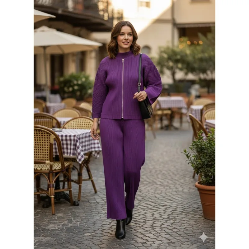 

Miyake Pleated Pants Suit Loose Plisse 2026 Spring New Solid Color Round Neck Zipper Jacket Wide Leg Pants Fashion Casual Suit