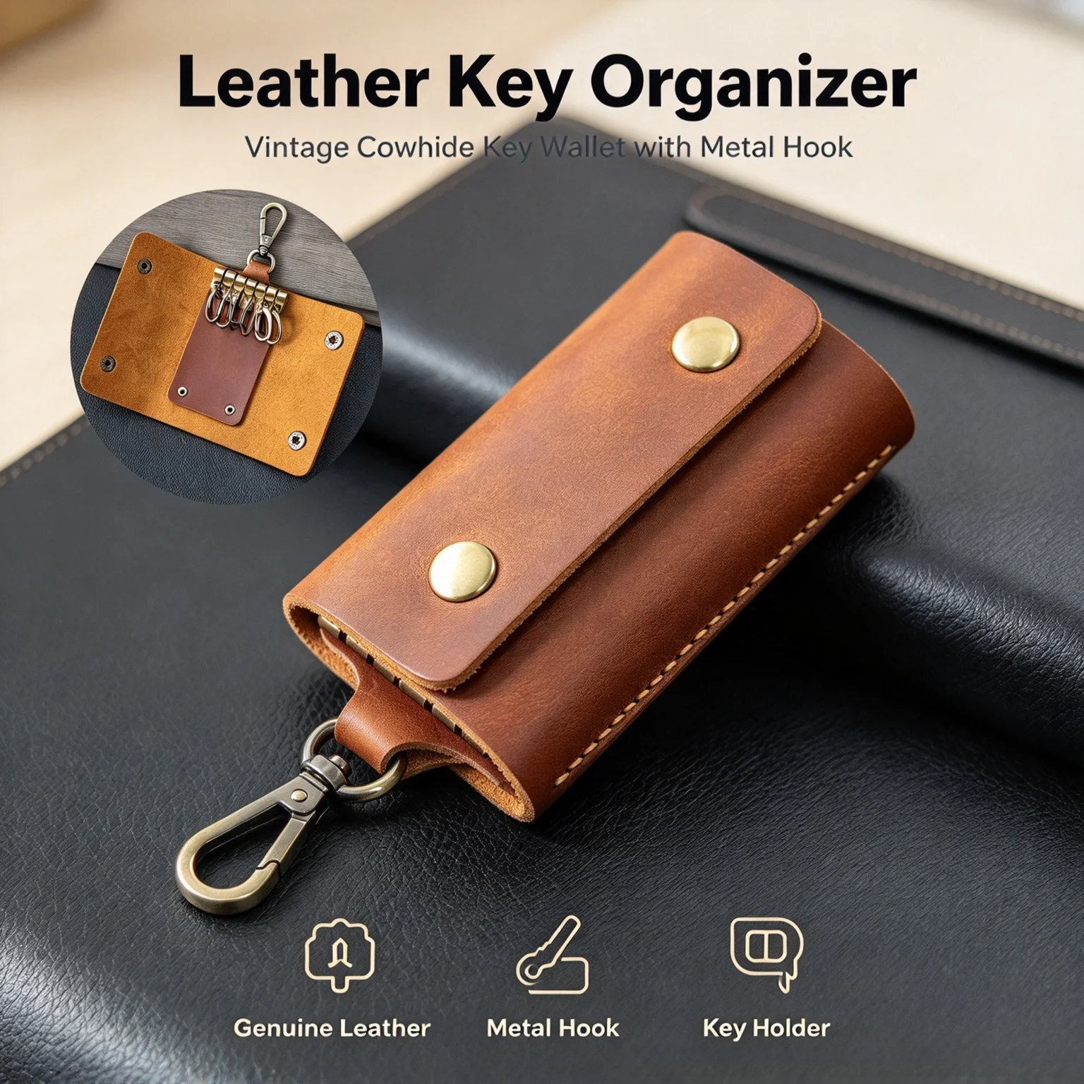 Crazy Horse Leather Casual Retro Key Pouch Men Waist Hung Genuine Top Grain Cowhide Coin Purse Multi Functional Car Keychain