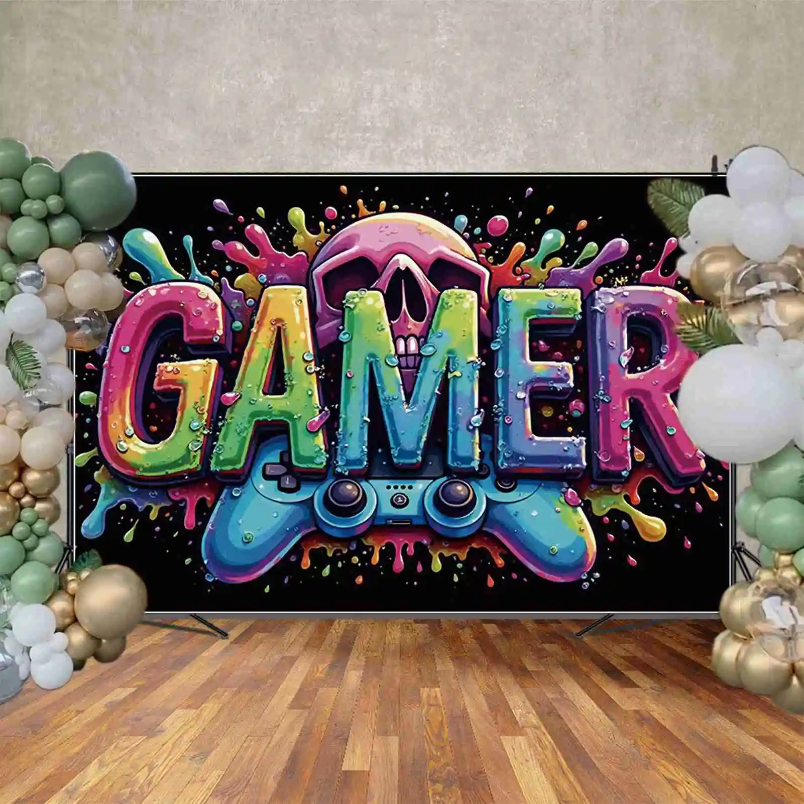 MOON.QG Game Night Party Decorations Backdrop Boy's Birthday Party Banner Poster Background Controller Skull Photo Studio Props