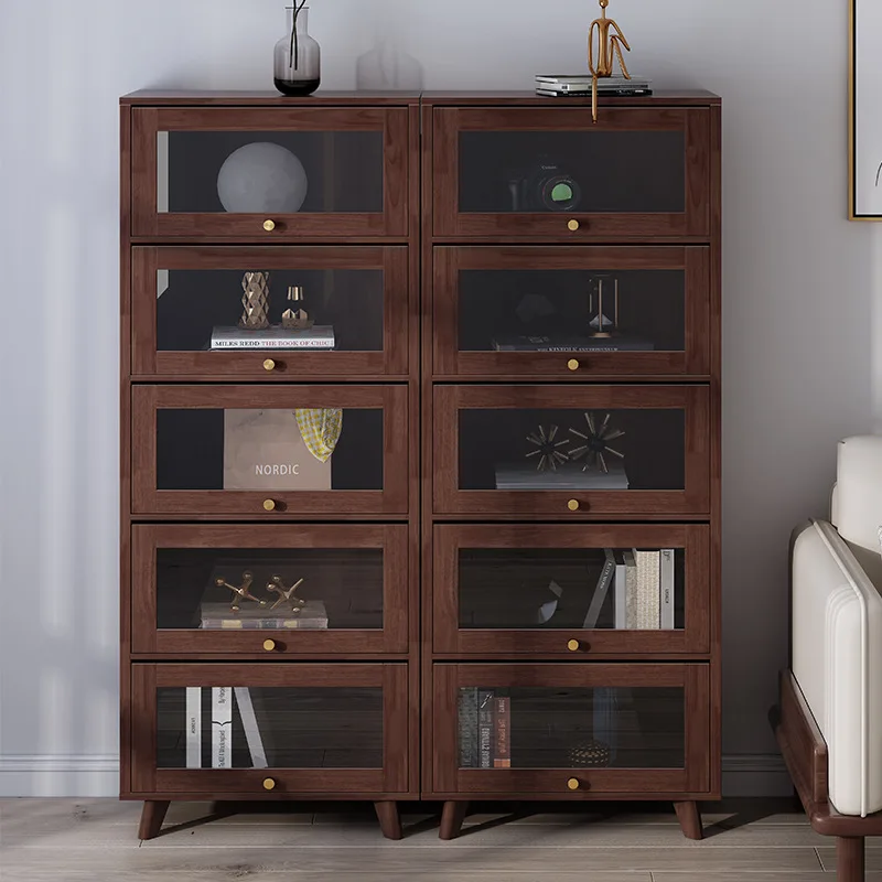Walnut sliding door bookcase household simple bedroom living room multi-layer