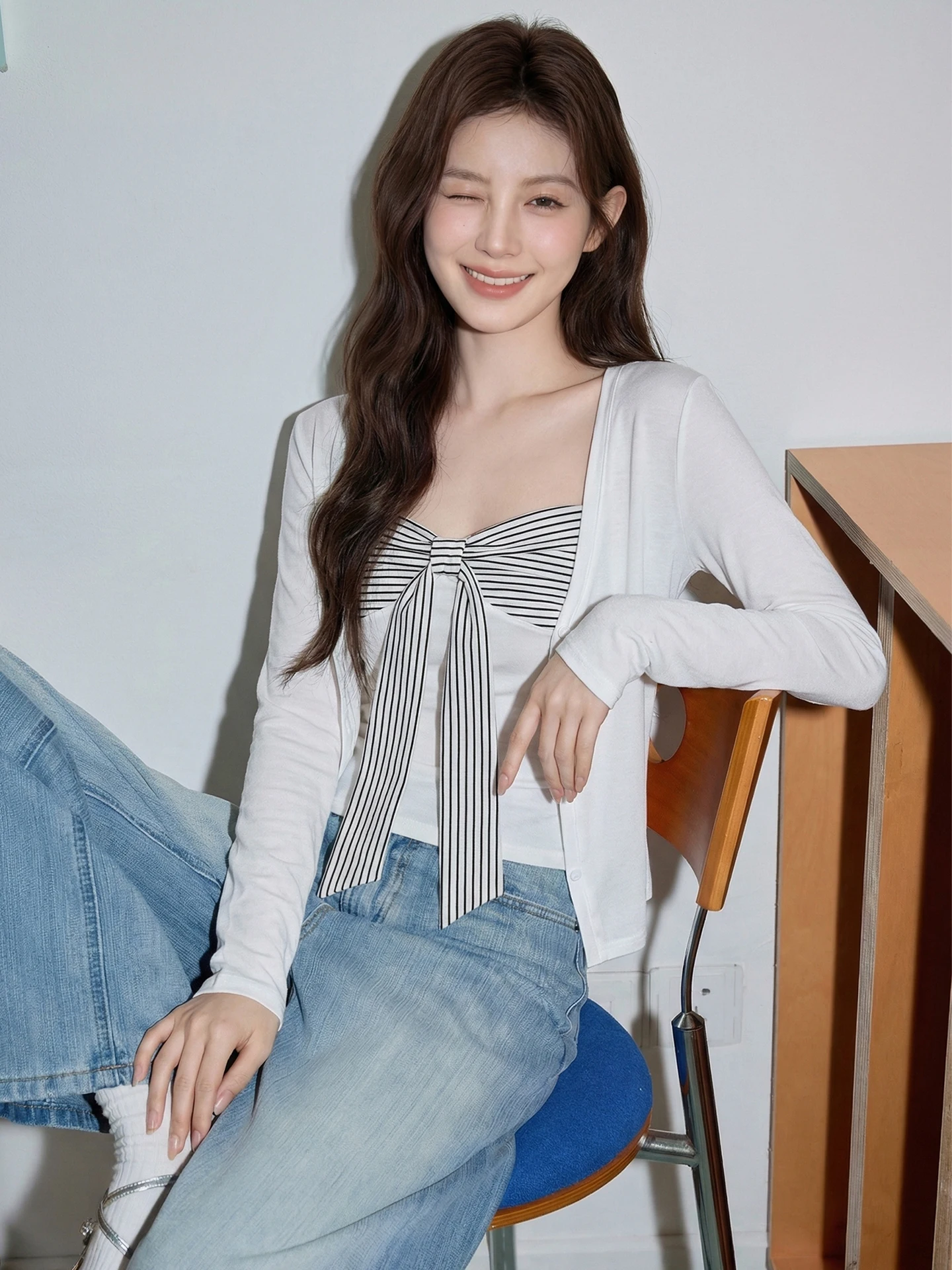 

Women's Summer Stripe Belted Long Sve Cardigan Set Casual Loose Fit Sun Protection Two-Piece Suit Faionable Inner Wear