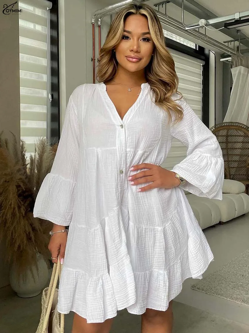 

Oymimi Fashion White Cotton Womens Dresses Elegant V-Neck Wrist Sleeve Loose Dress Autumn Single Breasted Mini Dress Streetwear