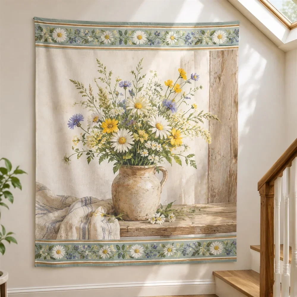 VIKAMA Clay Pot Bouquet Tapestry Wall Hanging, Aesthetic Rustic Room Decor Tapestries for Living Room Bedroom Office Study