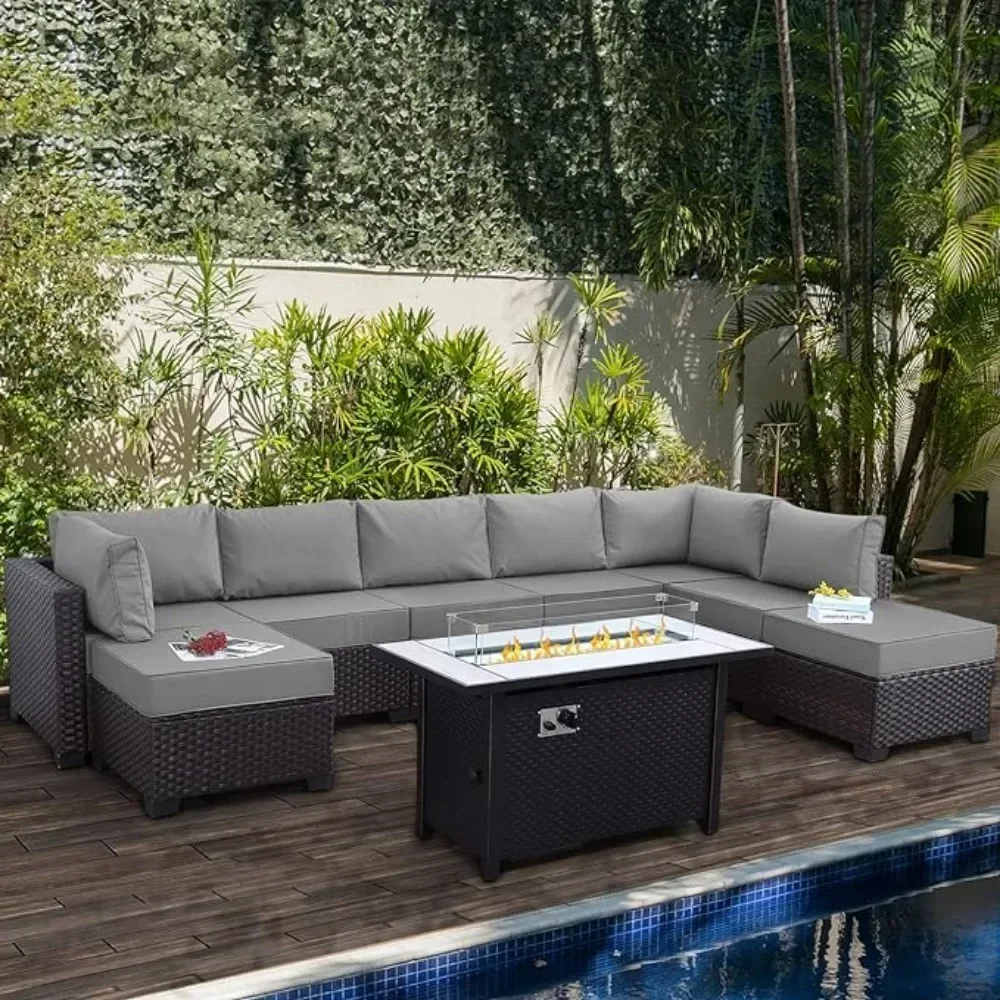 

9 Pieces Wicker Patio Set Outdoor PE Rattan Sectional Conversation Sofa Set with Grey Cushions and 45” gas fire pit table