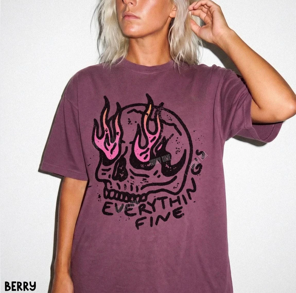 Everything Is Fine Shirt, Retro Grunge Shirt, Sarcastic Shirt, Funny Skeleton Shirt, Festival Shirt,  Rebel Tee, Pink Flames