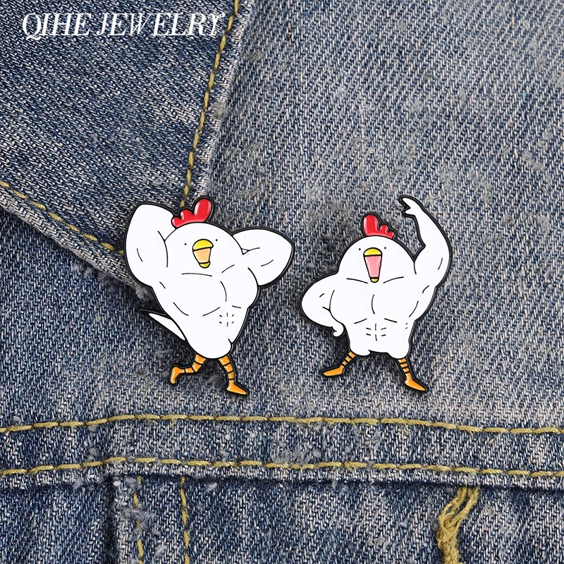 Muscular Rooster Cartoon Enamel Pin Funny Gym Humor Bodybuilding Chicken Muscles Brooch Bag Lapel Badge Jewelry Gift for Friends