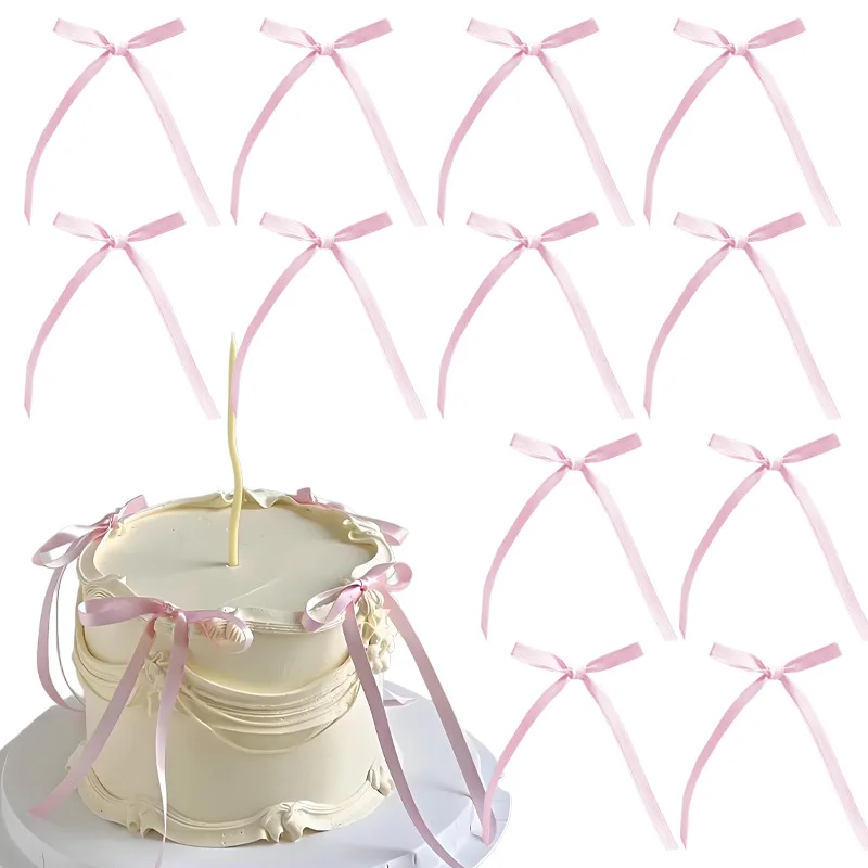 20 Stück Kuchen-Dekorationen mit Schleife, rosa Schleife, Band, Kuchendeckel für Geburtstag, Hochzeit, Kuchendekoration und Zubehör – Detail 13