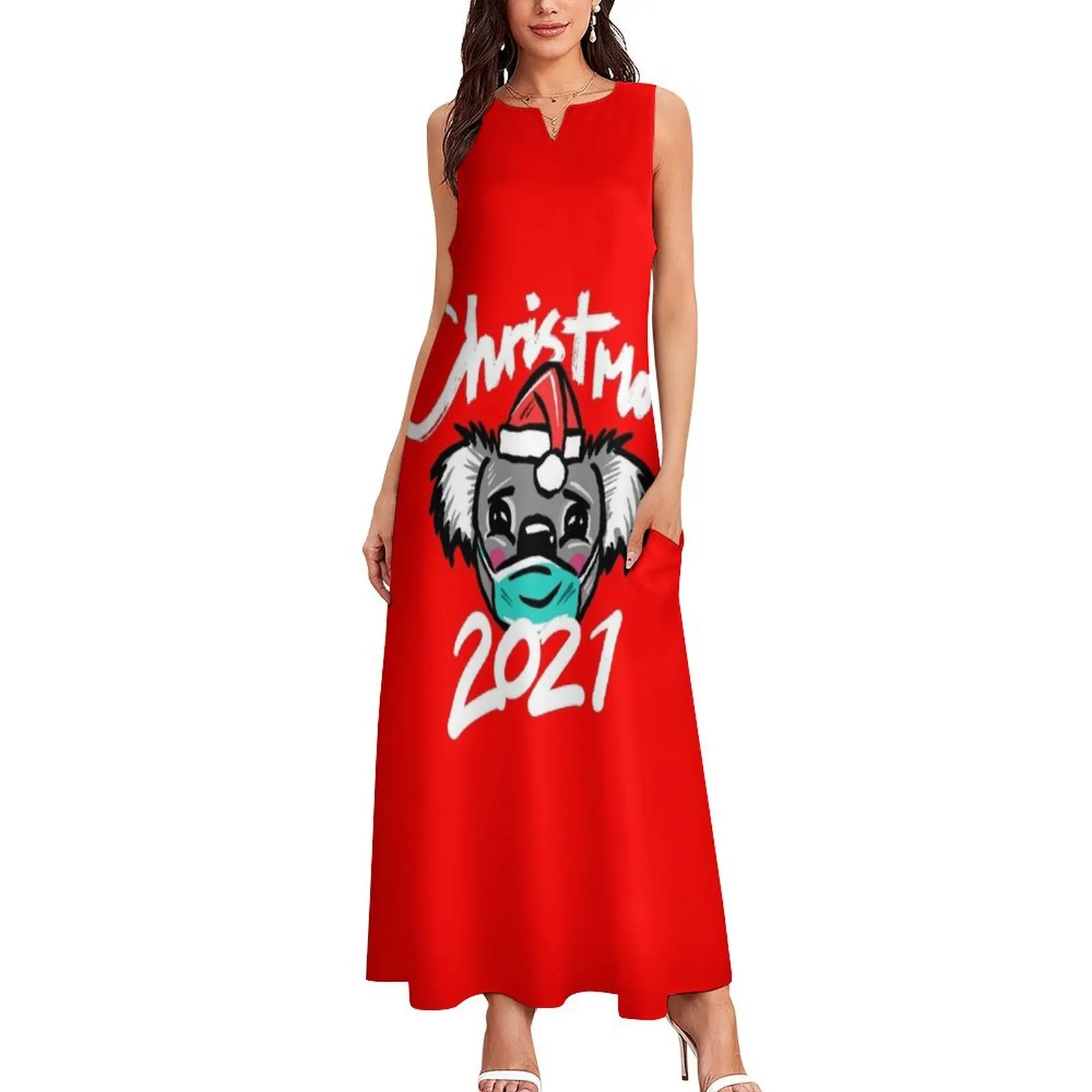 Australian Christmas 2021 T-Shirt, Christmas Koala Tee with Aussie Koala wearing a Face Mask and Christmas Hat, Long Dress