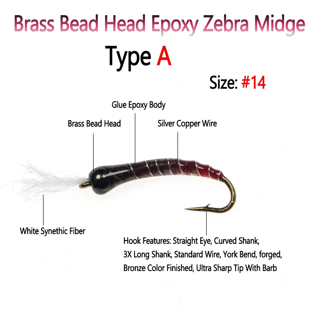 Bimoo 8pcs #14 Brass Bead Head Epoxy Zebra Midge Fly W Barb Fly Tying Hook Copper Wire Rib Nymph Fly Trout Fishing Lures Baits