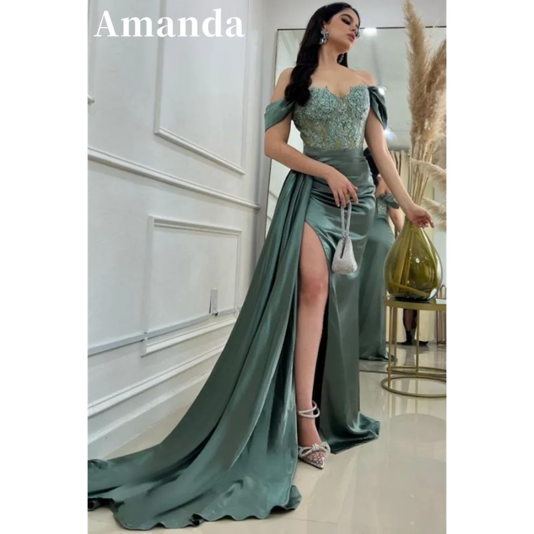 

Amanda Off Shoulder Mermaid Prom Dress Elegant Side Train Fishtail فساتين السهرة Lace Embroid Trumpet Vestidos De Noche