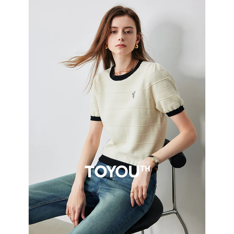 

TOYOUTH Women Round Necked Knitted Sweater 2024 Summer New Loose Fitting Tops