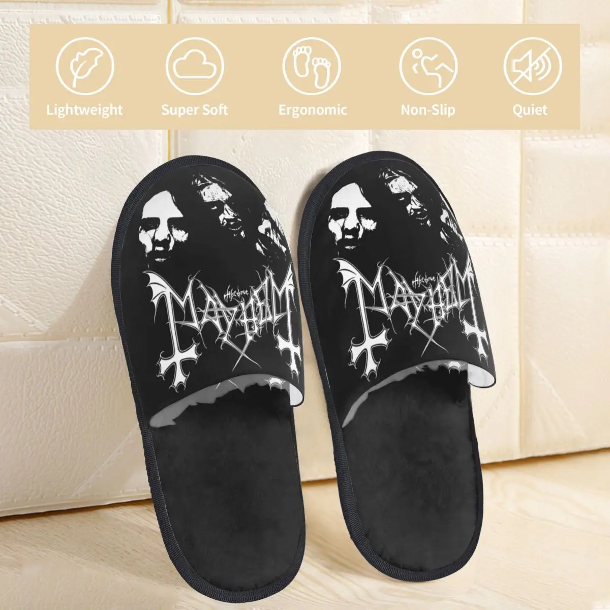 Mayhem sandal berbulu hitam Metal Band, sandal bulu Rumah Tangga lembut antiselip ruang tamu