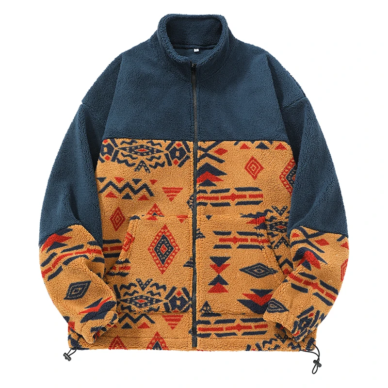 Outono e inverno tendência da moda retro estilo étnico retalhos gola alta jaqueta de lã masculina casual solto casaco à prova de vento