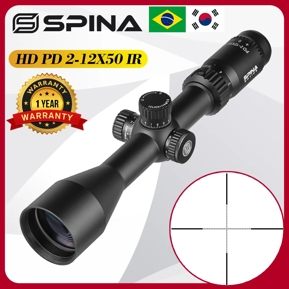 SPINA Tactical PD 2-12x50 Hunting Riflescope 200mm Long Eye Relief Optical Sight Scope with Full Red Illuminated for Real Rifle